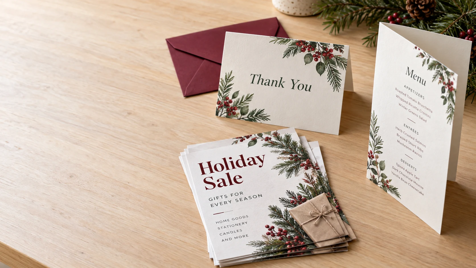 Holiday printing examples: a thank-you card with envelope, sale flyers and a folded event menu