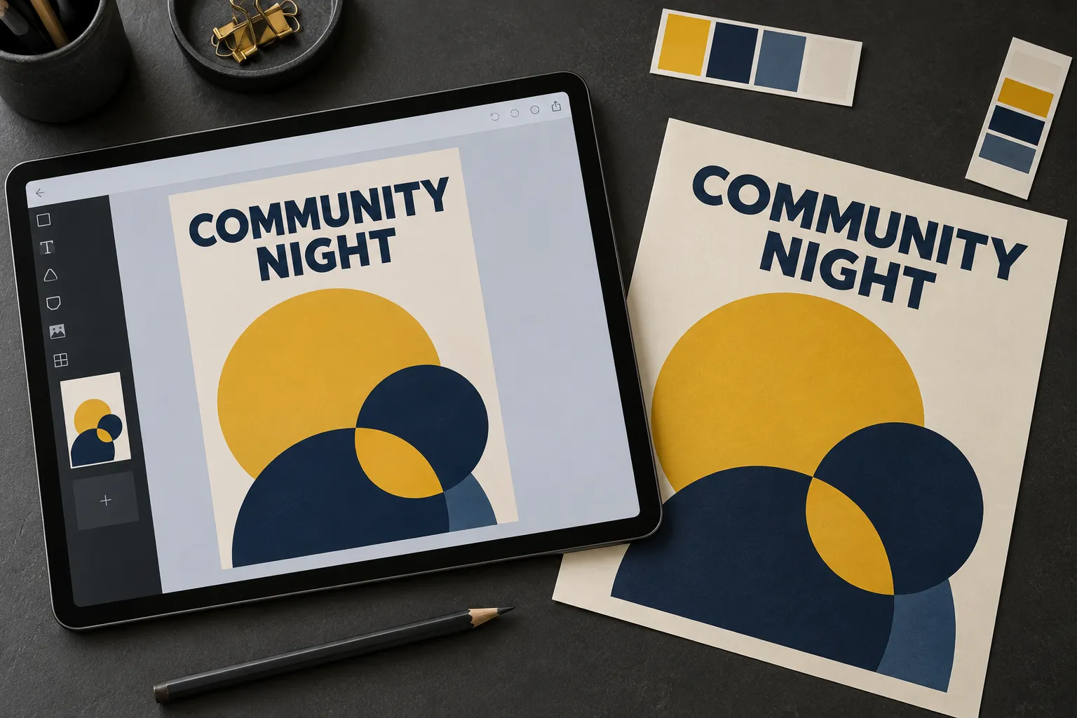 Community Night poster design on a tablet beside the matching printed poster and color swatches