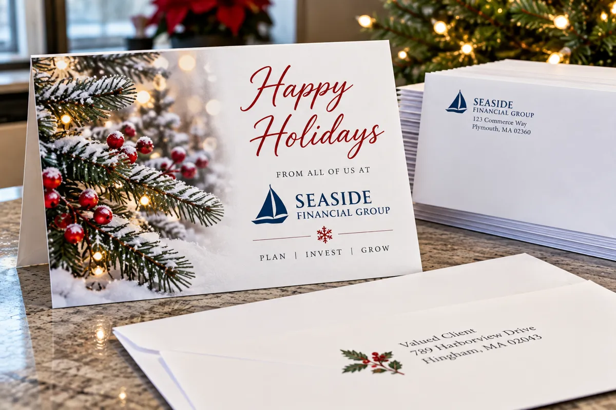 Corporate holiday card with company logo and a stack of printed return-address envelopes