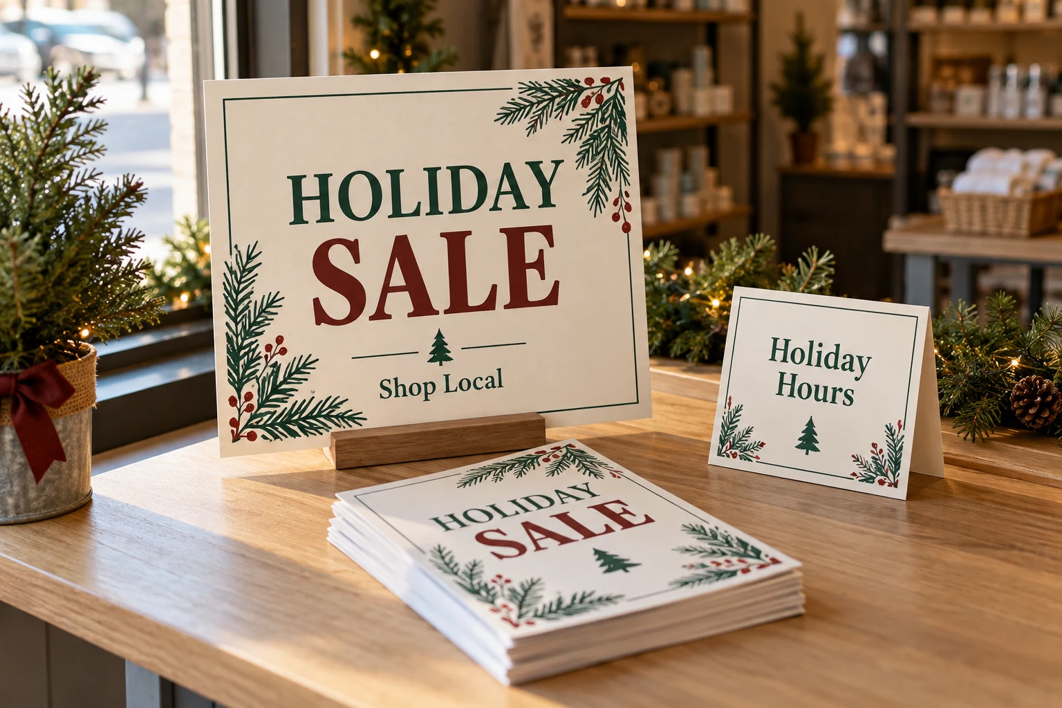 Illustrative holiday shop display with a sale sign, promotional flyers and a holiday-hours sign