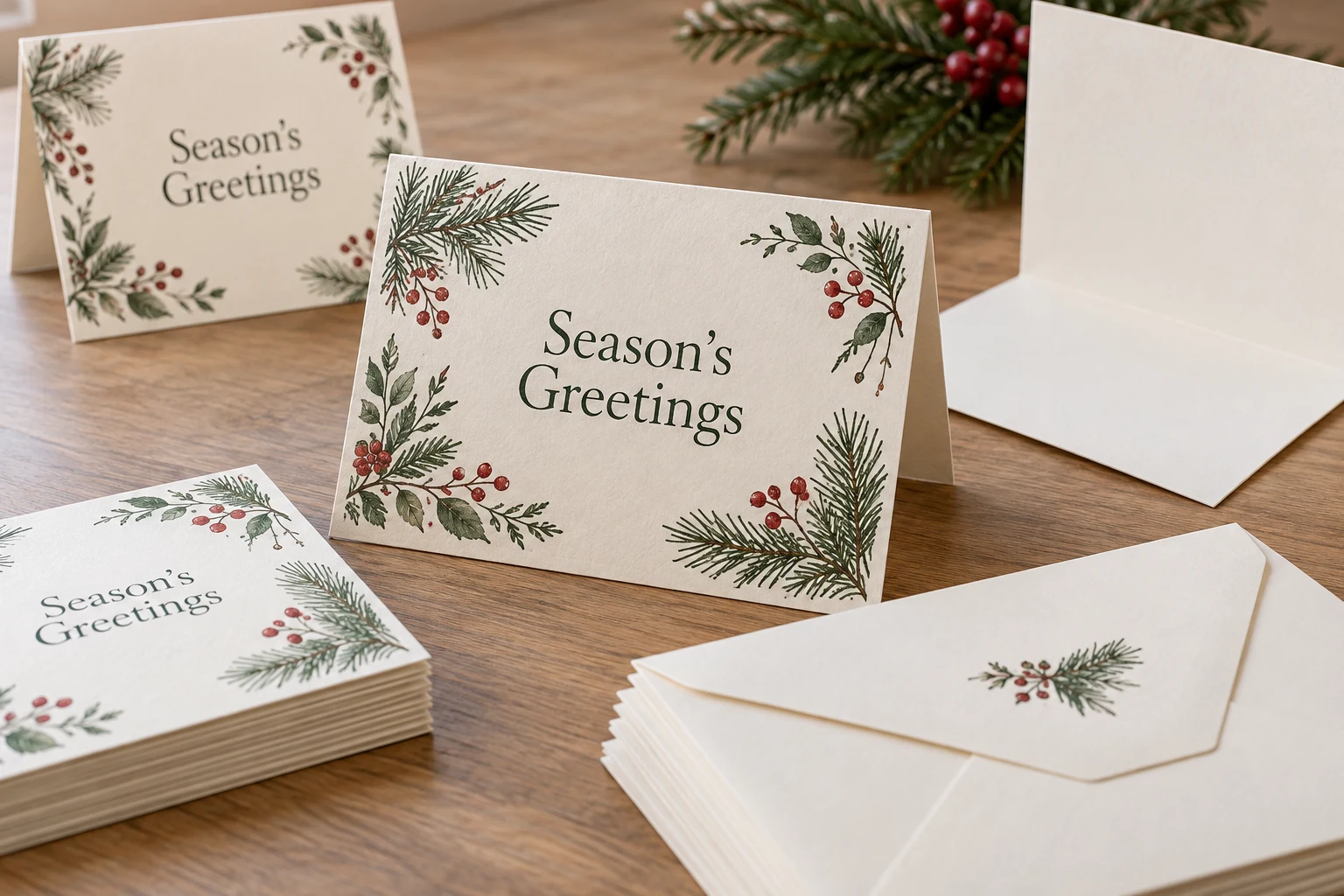 Season’s Greetings card mockup with evergreen artwork and matching envelopes