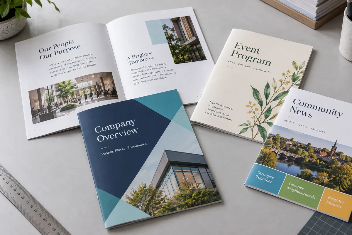Business brochure, event program and community newsletter booklets
