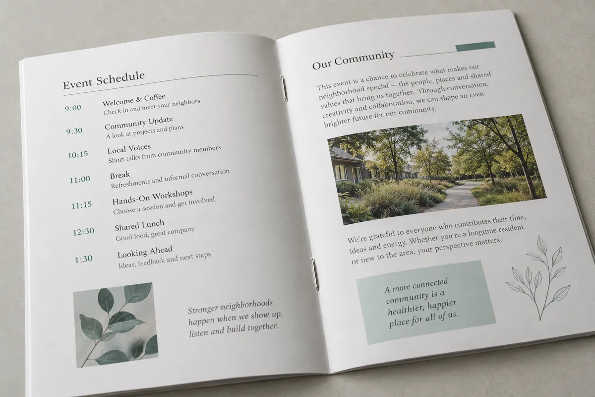 Open saddle-stitched booklet showing two staples in the center fold