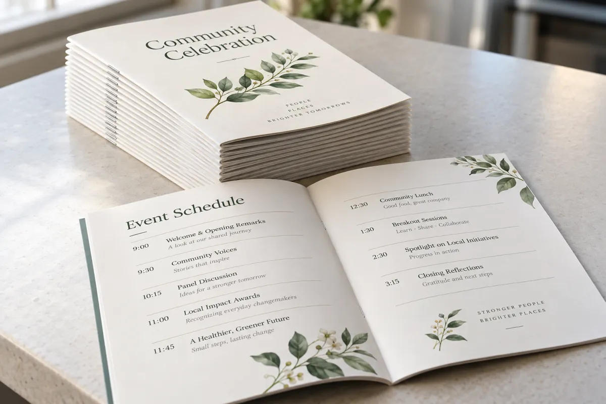 Stack of printed event program booklets with one copy open