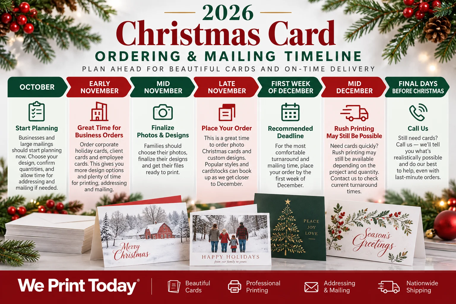 2026 Christmas card ordering timeline: October start planning, early November business orders, mid-November finalize photos, late November order photo cards, first week of December recommended deadline, mid-December rush may be possible, final days call us