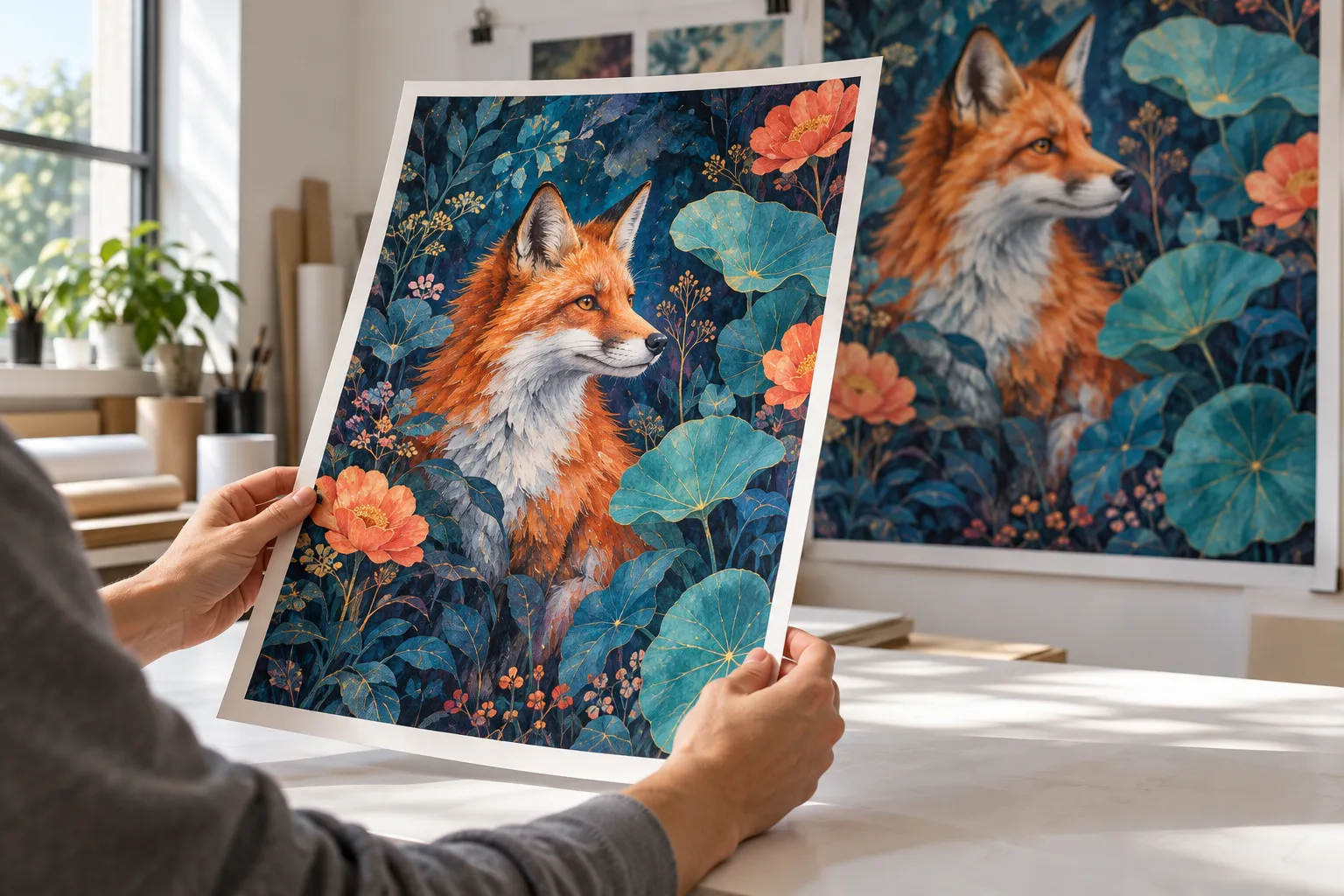 Hands holding a colorful fox art print to check its detail, with a larger version of the artwork displayed behind it