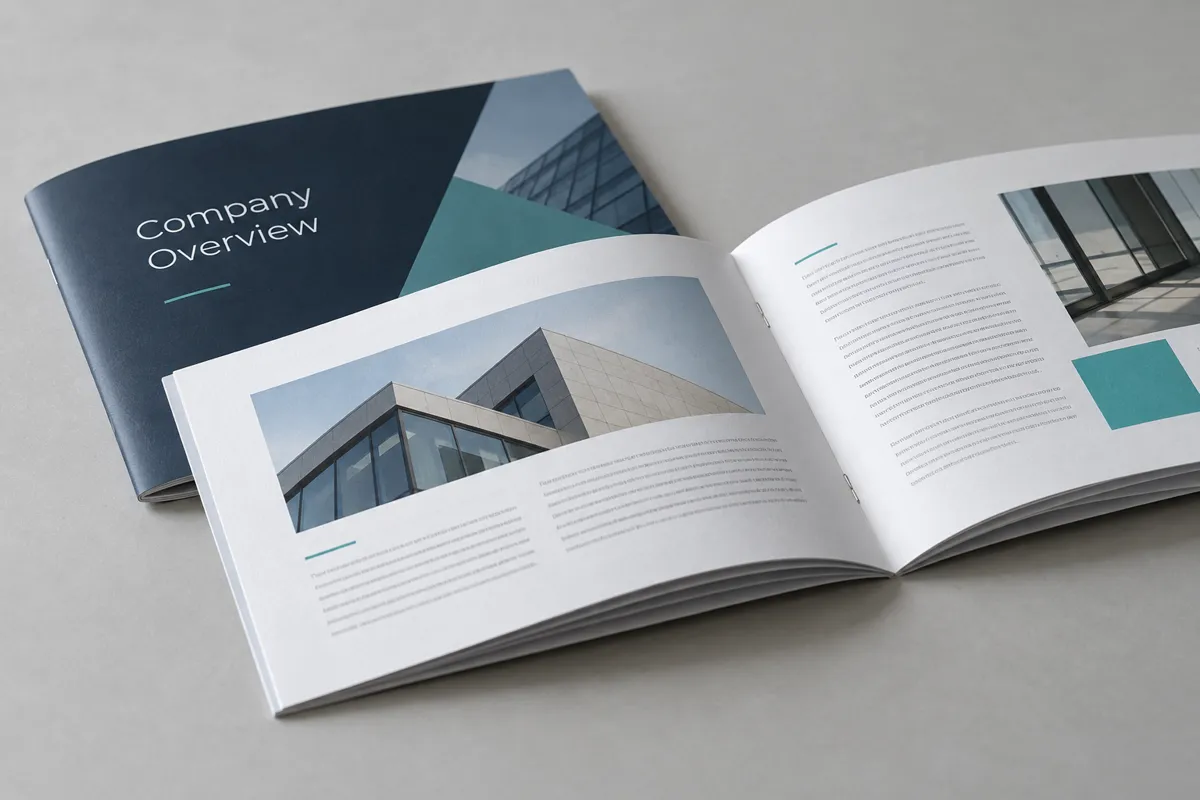 Business booklet showing its printed cover and interior pages