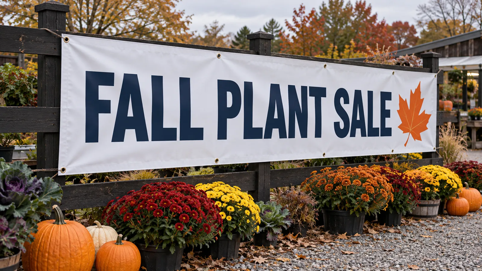Outdoor Fall Plant Sale vinyl banner with grommets hung on a fence at a garden center
