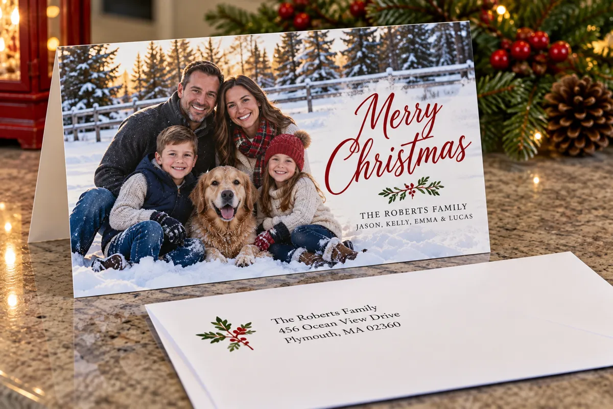 Folded family photo Christmas card with a printed return-address envelope