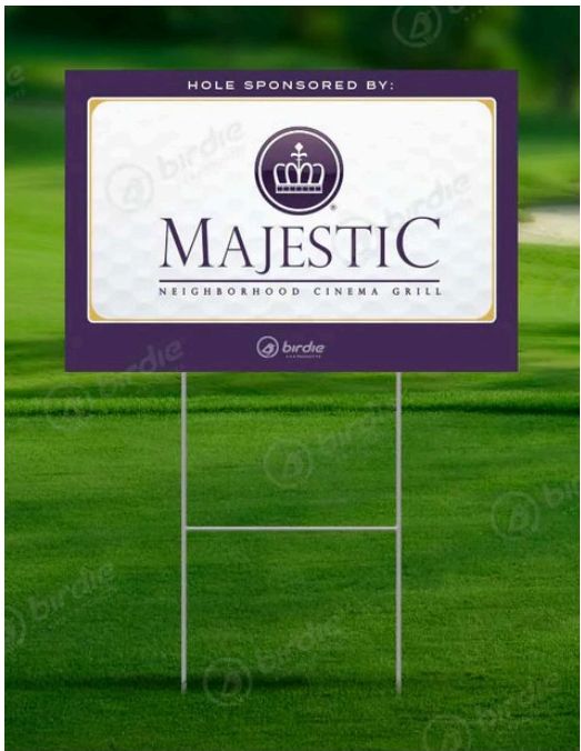Golf tournament hole sponsor stepstake sign on a course