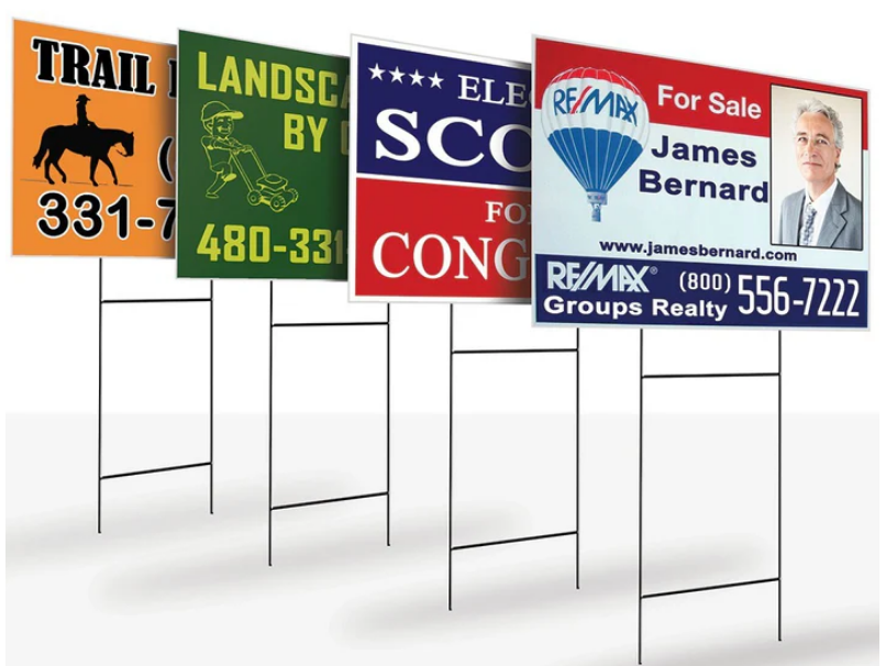 Full-color 18x24 coroplast lawn signs with step stakes