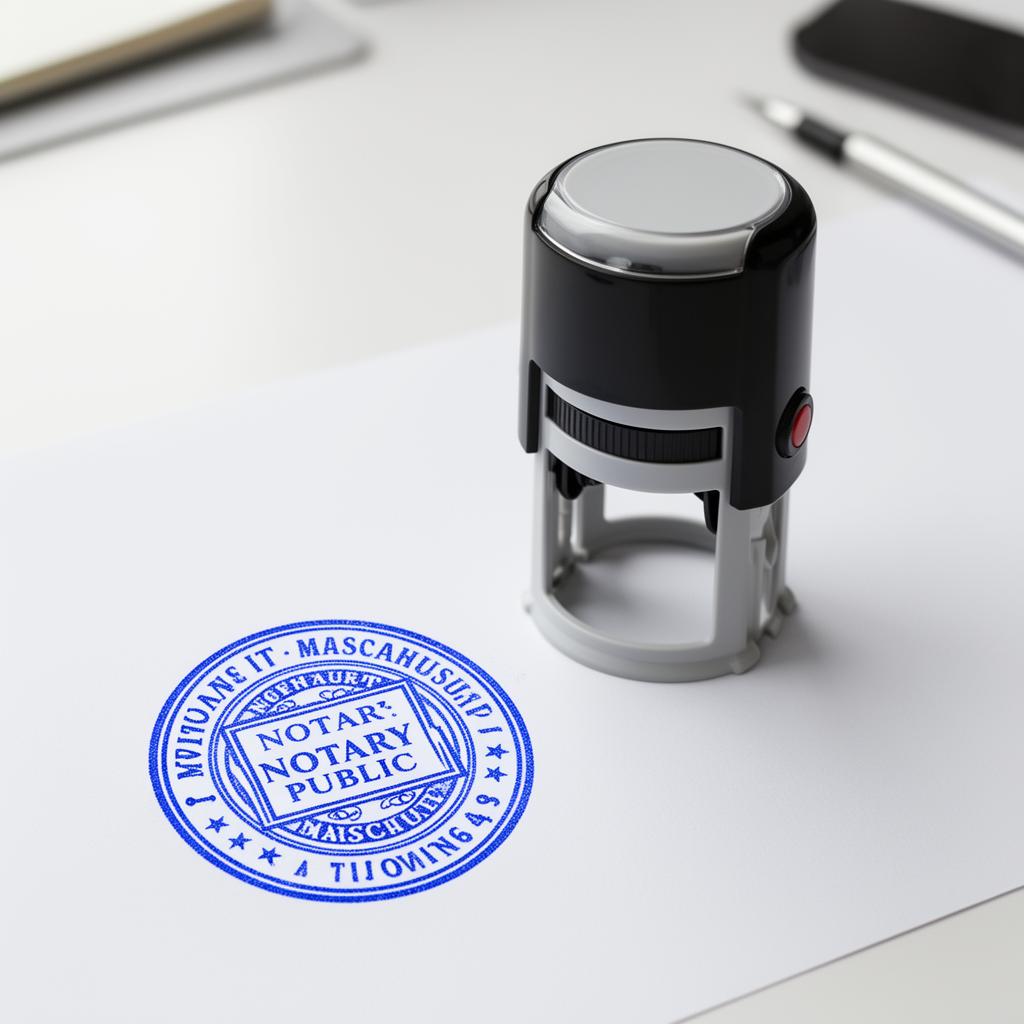 Massachusetts notary public self-inking rubber stamp with blue impression