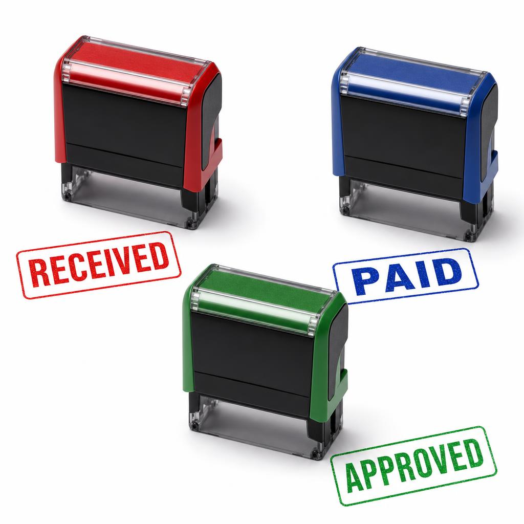 Three Trodat self-inking office rubber stamps with red RECEIVED, blue PAID, and green APPROVED ink impressions