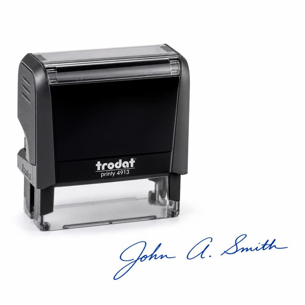 Trodat Printy 4913 self-inking signature stamp with blue cursive signature impression