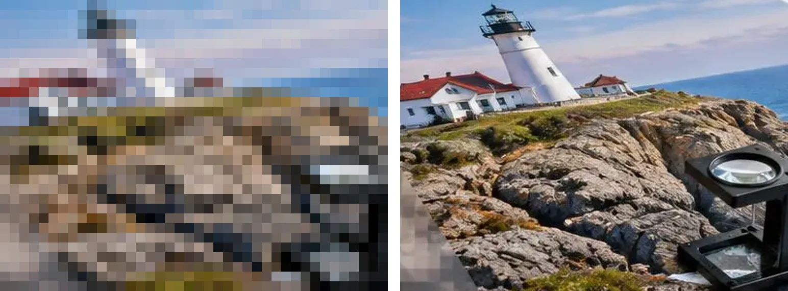 Close-up comparison of sharp and pixelated detail in the same image at the same printed size.